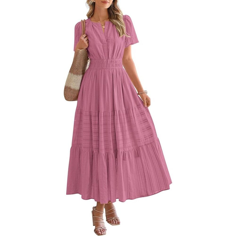 Women's Dusty Pink V Neck Short Sleeve A Line Summer Casual Maxi Dresses Pockets